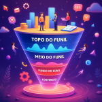 Funil de vendas no marketing digital representado com camadas e gráficos.