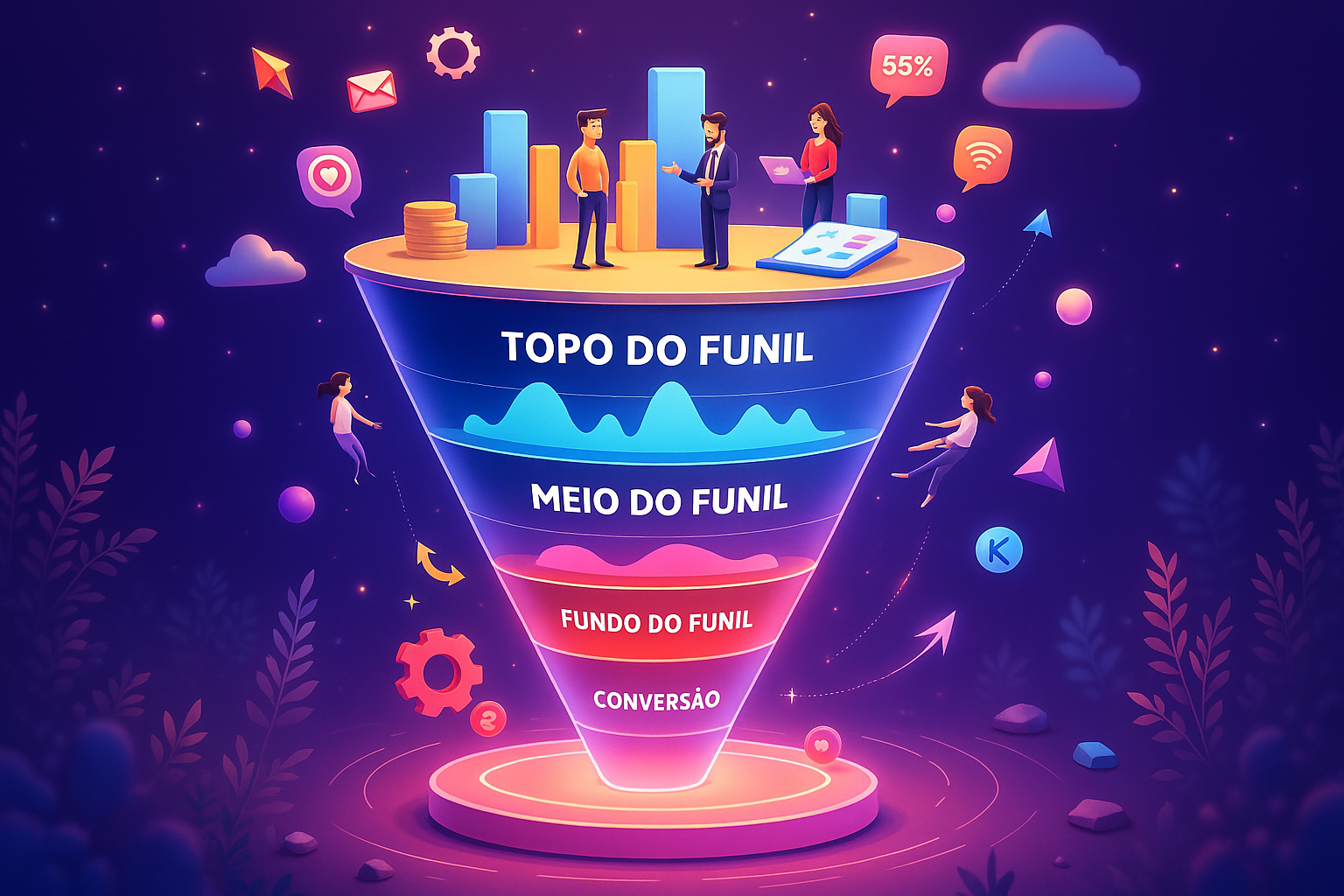 Funil de vendas no marketing digital representado com camadas e gráficos.
