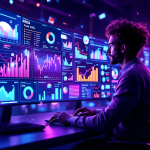 Ilustração de profissional analisando dashboards e gráficos sobre tráfego pago no marketing digital.