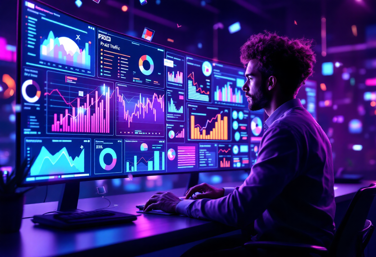 Ilustração de profissional analisando dashboards e gráficos sobre tráfego pago no marketing digital.